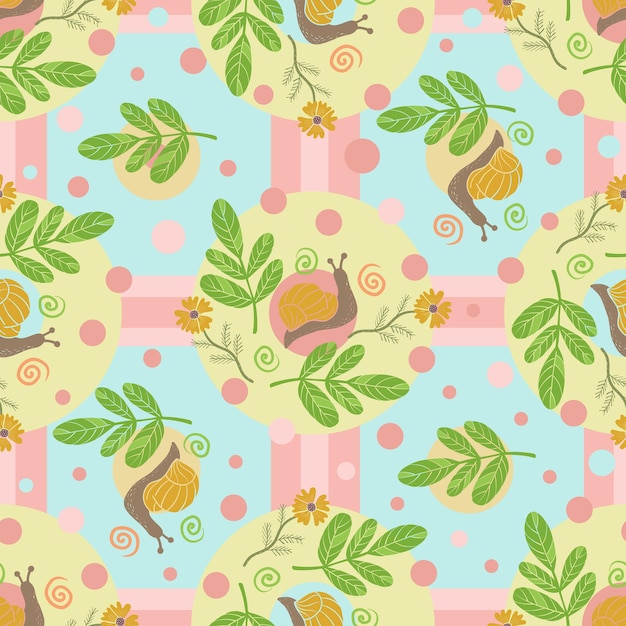 Seamless spring and autumn or summer vector floral pattern with snails and tree branches in pastel