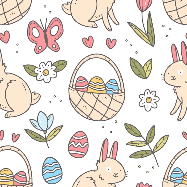 Seamless spring Easter pattern with bunnies and Easter eggs and baskets in cartoon doodle style