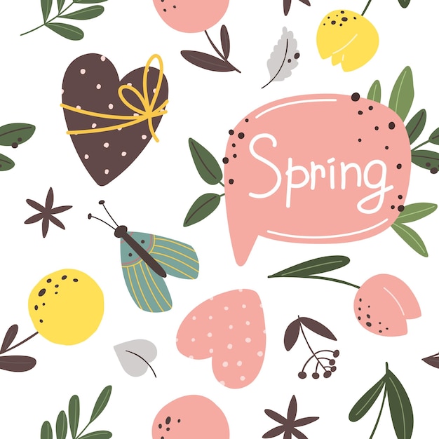 Seamless spring pattern from botanical elements. Vector illustration.