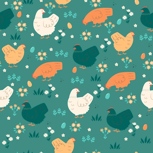 Seamless spring pattern with cute chickens.