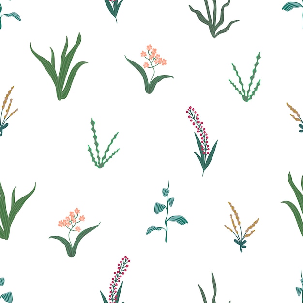 Seamless spring pattern with flowers in line art style