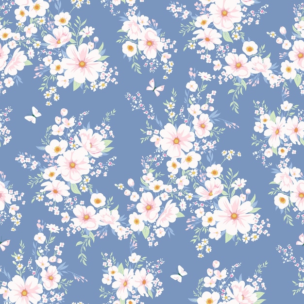 Seamless spring vector pattern with white flowers