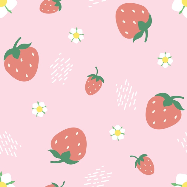 Seamless strawberry pattern pink berry white flower small and big berries