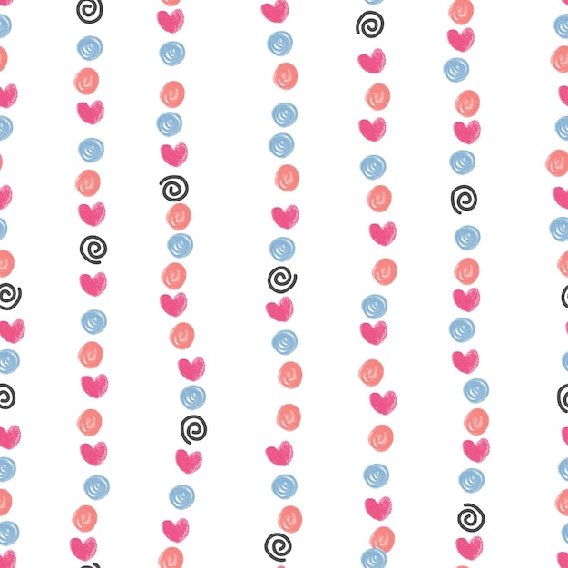 Vector seamless stripe pattern background with cute heart and dot chalk colour , kids pattern