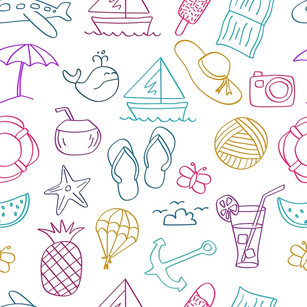 Seamless summer doodle colorful happy season line art