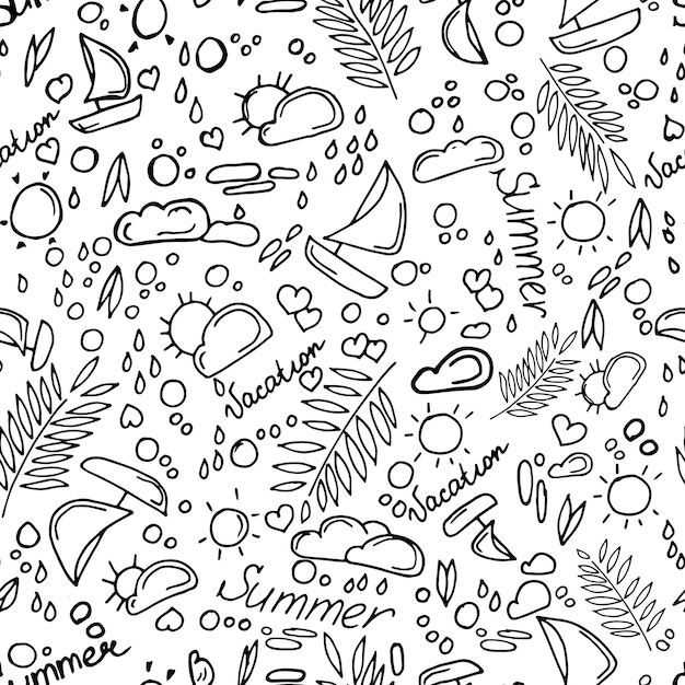 Seamless summer handdrawn pattern with boats clouds and hearts doodle