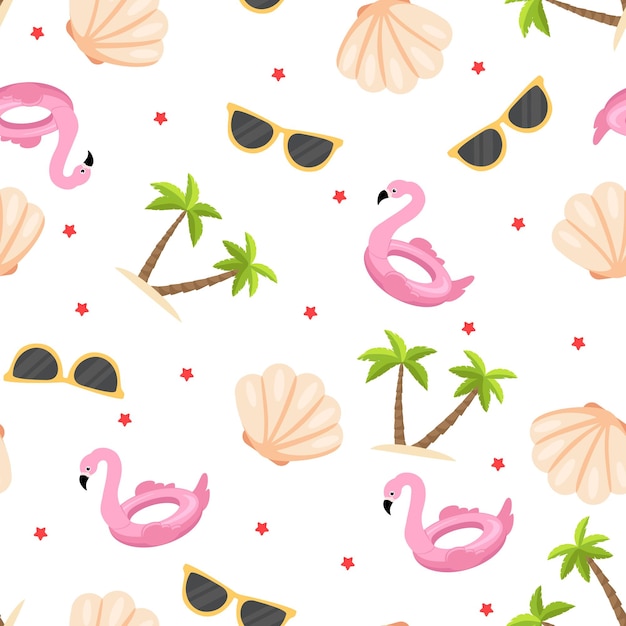 Seamless summer pattern Palm tree flamingo lifebuoy shell sunglasses Vector illustsration