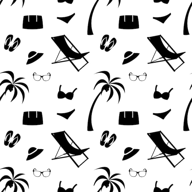 Seamless summer pattern with beach elements Vector illustration with black silhouette