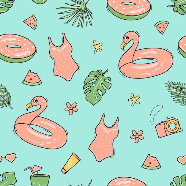 Seamless summer pattern with flamingos, surfboard, palm leaves, beach bag and camera. background in doodle style.