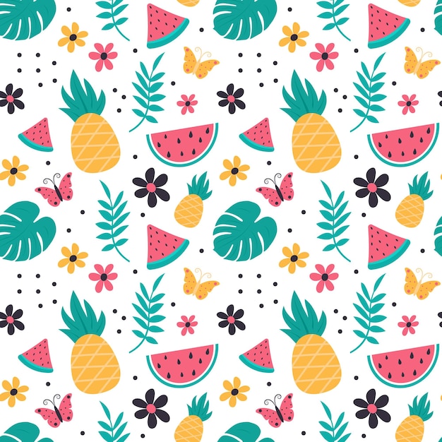 Seamless summer pattern with hand drawn elements such as pineapple leaf watermelon