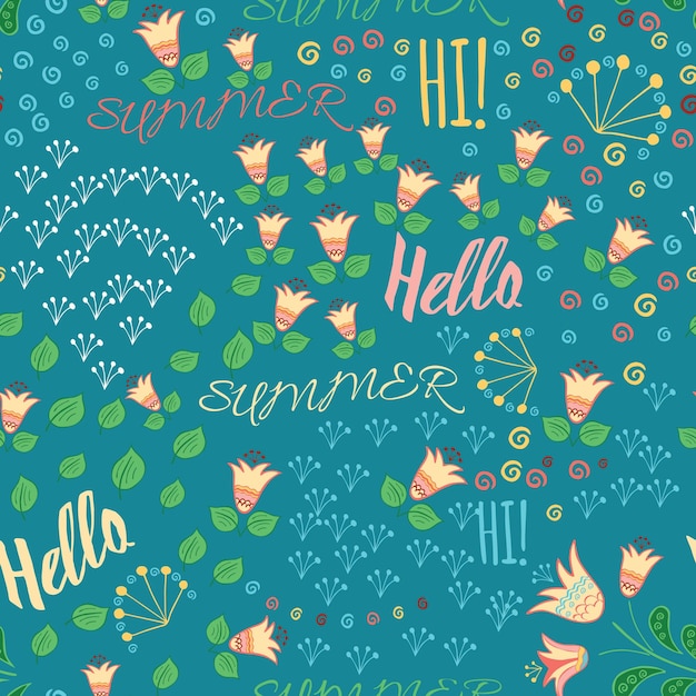 Seamless summer pattern with hand drawn meadow flowers leaf and words hello hi summeron the blue background hand lettering illustration handmade doodle ornate paper for wrap