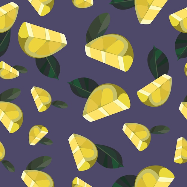 Seamless summer pattern with lemons and leaves Yellow background with lemons Fresh lemons