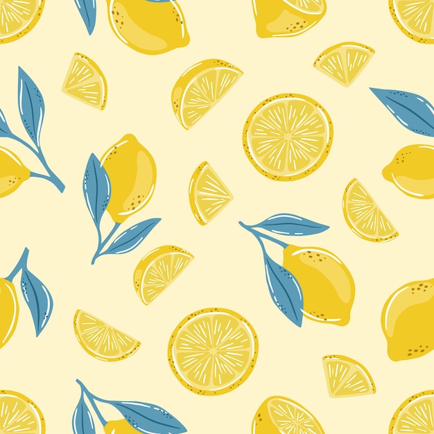 Seamless summer pattern with lemons and leaves