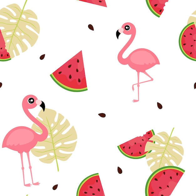 Vector seamless summer pattern with pink flamingos, watermelon slices, seeds and tropical leaves.