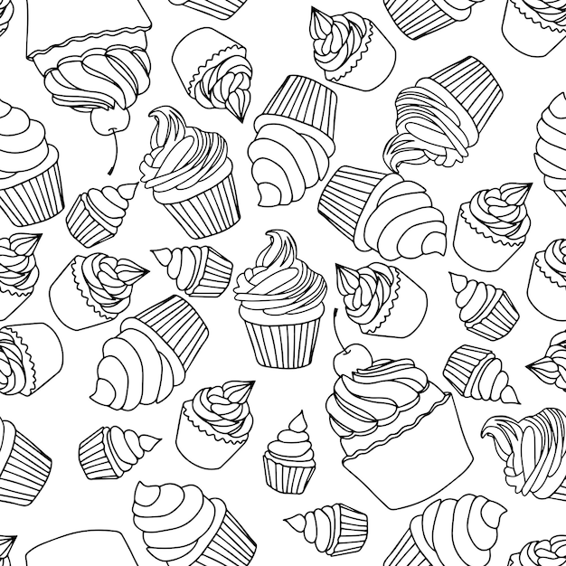 Vector seamless sweet pattern with cupcake or muffin in doodle style line art hand draw vector illustration