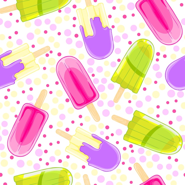 Vector seamless sweet pattern with popsicles in cartoon style on polka dot background.