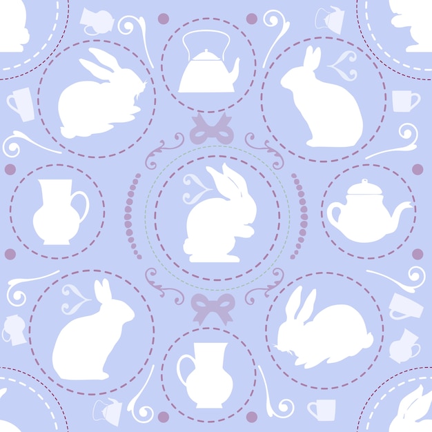 Vettore modello vintage dolce senza soluzione di continuità su sfondo viola con coniglio e teiera, tema wonderland