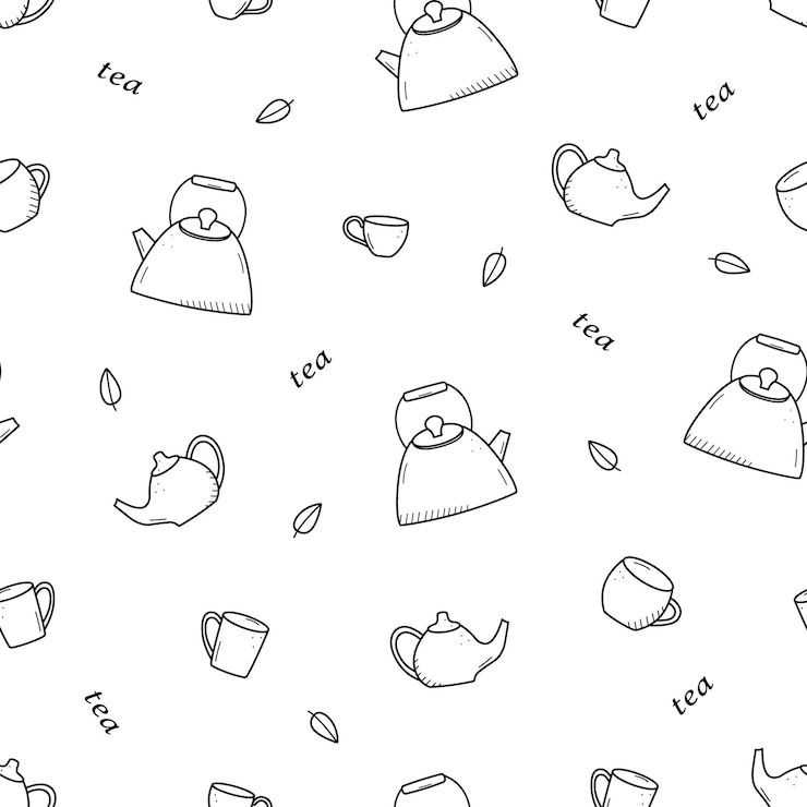 वेक्टर seamless tea party concept pattern vector background of doodle icons of teapot cups and tea leaves