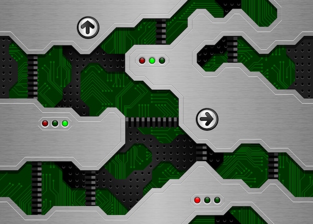 Seamless  techno texture. green printed circuit board and brushed metal surface
