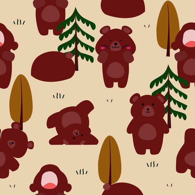 a seamless of teddy bear and brown bear pattern vector with the tree on cream background