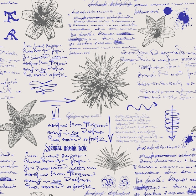 seamless textural background in the style of notes from the diary of a botanist with sketches