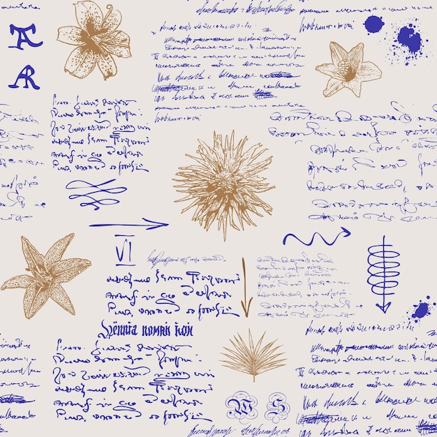 seamless textural background in the style of notes from the diary of a botanist with sketches