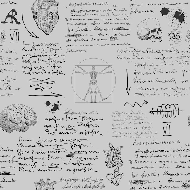 科学者の解剖学者の日記からのメモのスタイルでシームレスなテクスチャの背景