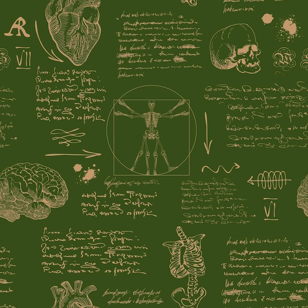 Vector seamless textural background in the style of notes from the diary of a scientist anatomist