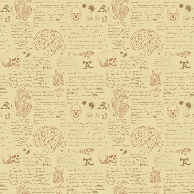 Vettore sfondo senza cuciture nello stile delle note del diario di uno scienziato anatomista