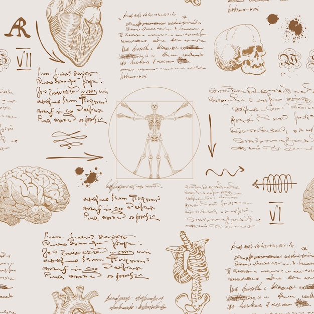 Vector seamless textural background in the style of notes from the diary of a scientist anatomist