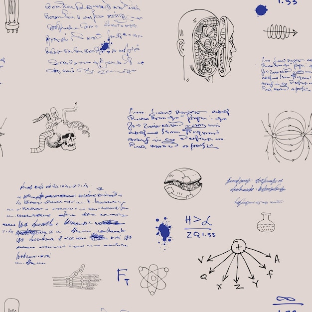 seamless texture background in the style of sketches from the diary of a scientist inventor