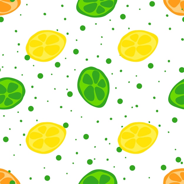 シームレスなテクスチャ 装飾的な背景デザイン ライムとレモン スライスした夏の果物 織物の文房具の壁紙のカラフルなベクトル パターン 包装紙 web スクラップ ブック