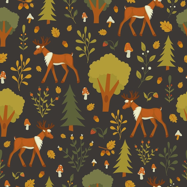 Seamless texture fabulous autumn forest with deer and forest elements in flat style For background wallpaper fabric textile wrapping paper