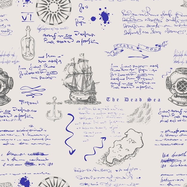 seamless texture in the style of a medieval nautical record of the captain's diary engraving sketch