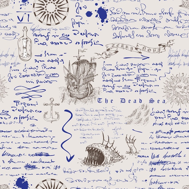 seamless texture in the style of a medieval nautical record of the captain's diary engraving sketch