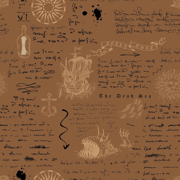 Vector seamless texture in the style of a medieval nautical record of the captain's diary engraving