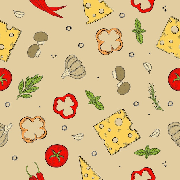 Бесшовная текстура Векторное цветное изображение кусочков пиццы с различными ингредиентами