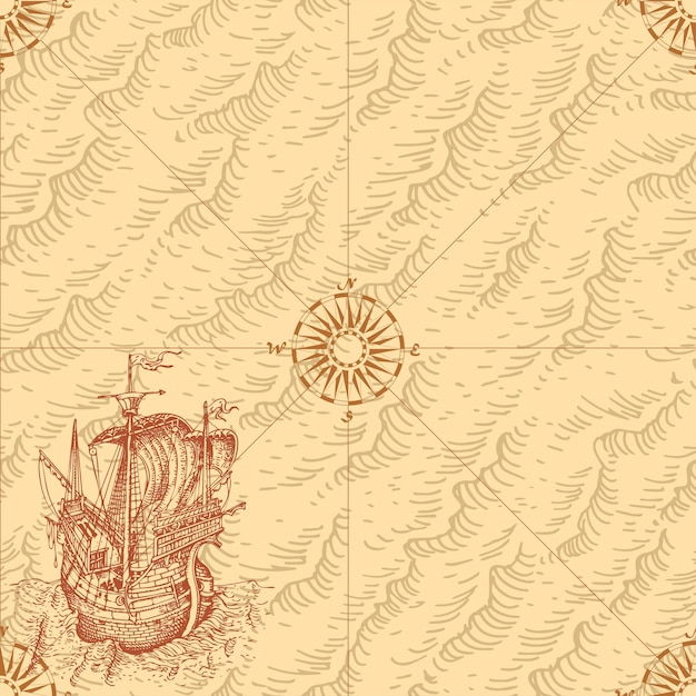 Seamless texture of vintage nautical map in the style of medieval engravings