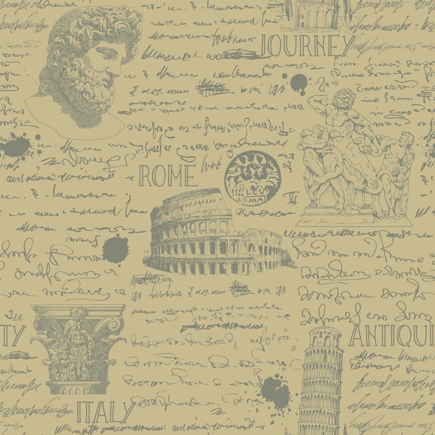 seamless texture with antique italy landmarks in the style of traveler notes and sketches