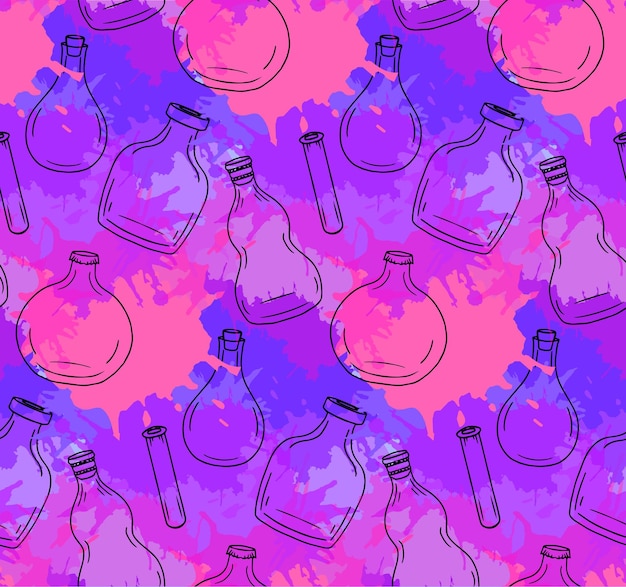 Seamless texture with bottles and jars, and watercolor splashes for your creativity