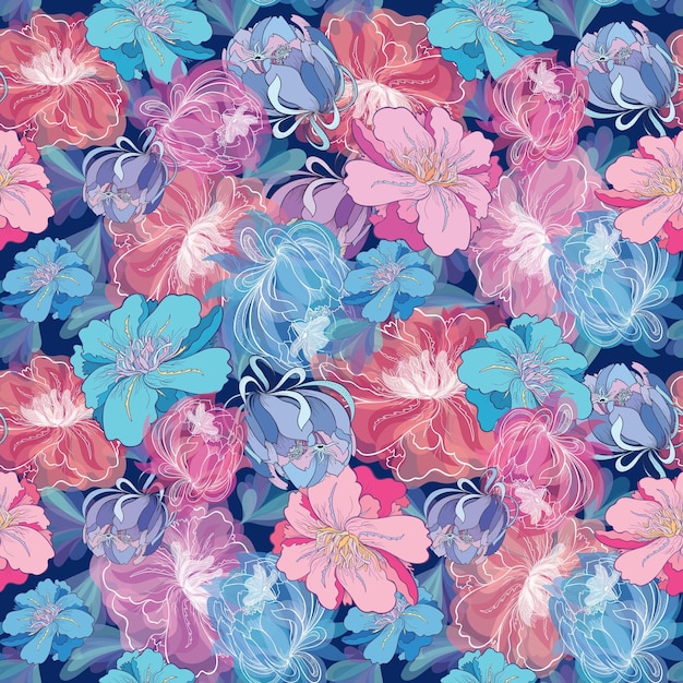 Seamless texture with creative sketch flower illustrations with watercolor effect on dark background