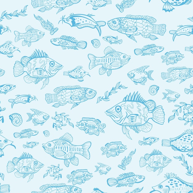 Seamless texture with funny fish characters on turquoise background