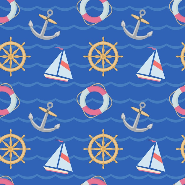 Vector seamless texture with ships, anchors and lifebuoys on blue backgrownd. the texture can be used in the design of a children's room, theme parties, in the manufacture of wrapping paper.