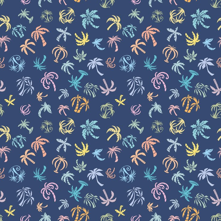 Vector seamless texture with sketch silhouette palm tree icons in bright colors on blue background
