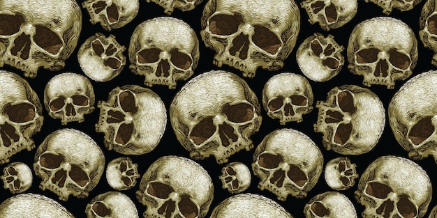 seamless texture with skulls on black background