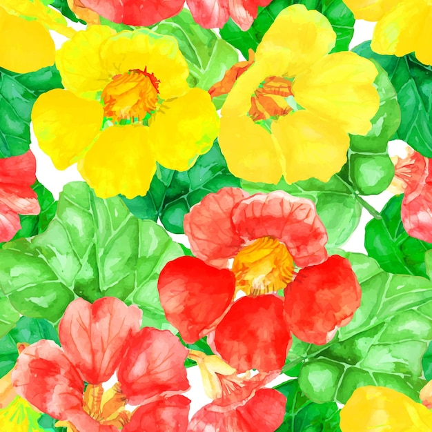 Seamless Texture with yellow and red flowers in watercolor Vector illustration