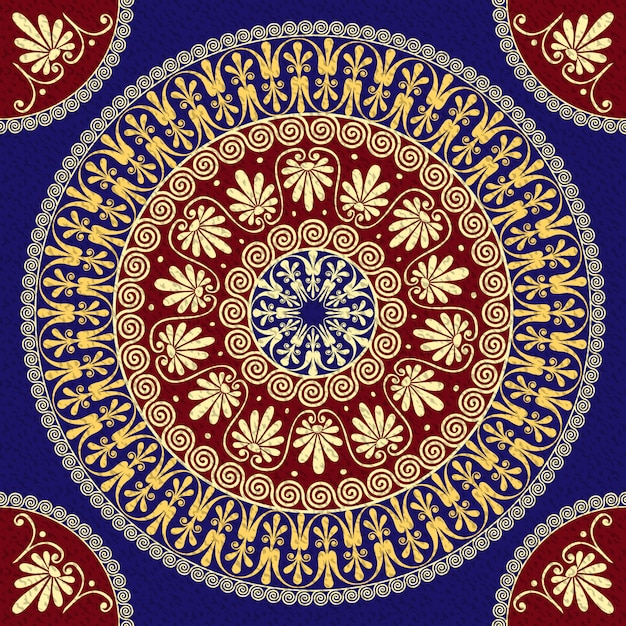シームレスな伝統的なヴィンテージゴールデンラウンドギリシャ飾り（蛇行）と赤と青の背景に花柄