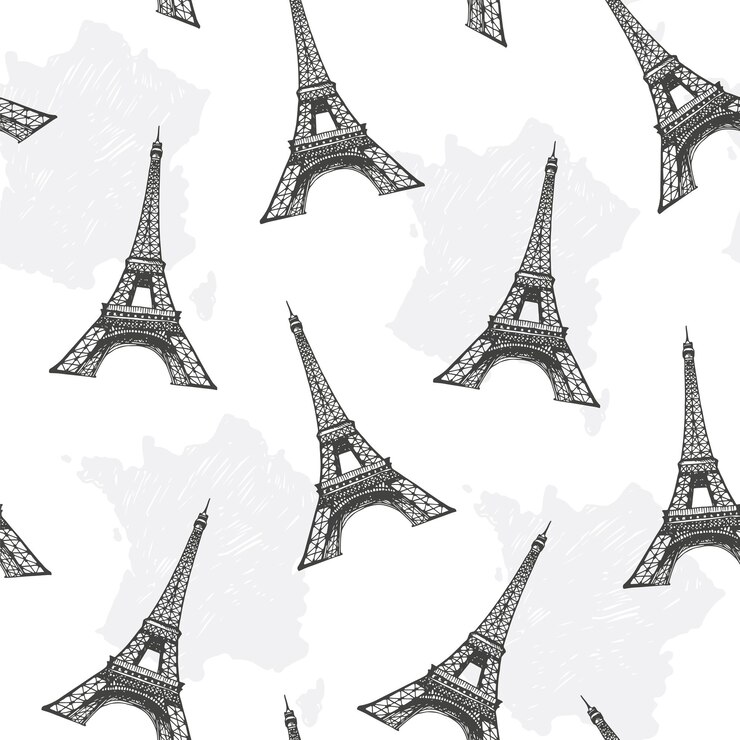 Vector seamless travel background with hand drawn illustration of eiffel tower