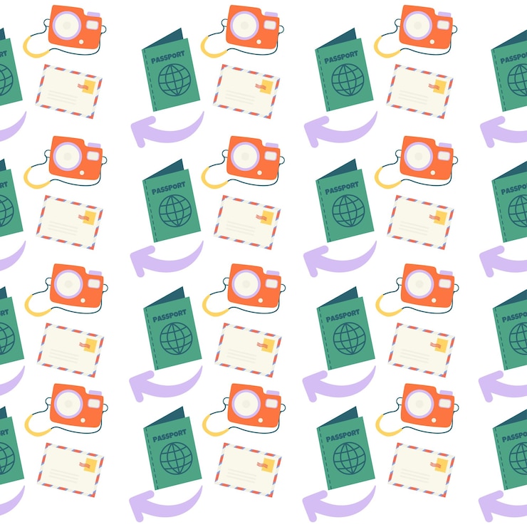 Vector seamless travel pattern with camera postcard