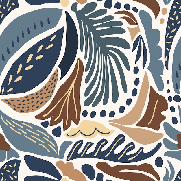 Бесшовные модный естественный цветочный узор абстрактные синие и коричневые листья формы на белом фоне